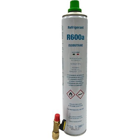 eRicambi, Kit Frigorifero Bombola Ricarica Gas Refrigerante R600A, Contenuto 750 Ml Netto 420 GR, Attacco 7/16 Sae + Rubinetto 1/4 M/F con Guarnizione
