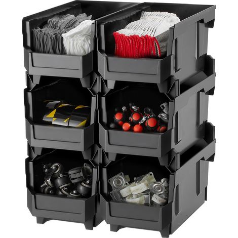 VEVOR Cajas Apilables, 377 x 215 x 180 mm, Cajas de Almacenamiento con Apertura Frontal, para Organizar y Guardar Piezas Pequeñas, Suministros de Oficina y Otros Accesorios, Color Negro, 6 uds (1/5)
