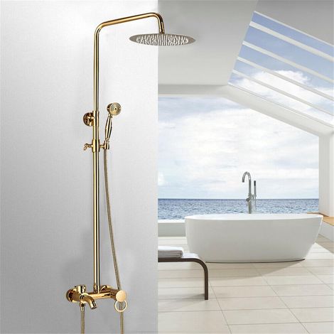 Gold Duschsystem Set, Duscharmatur Duschset Edelstahl Handbrause Regendusche Wand Haengen Höhenverstellbar Badezimmer Wasserhahn Regendusche Handbrause Kopf, 20CM (1/5)