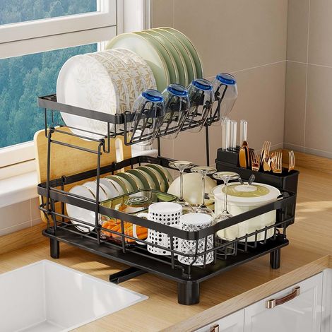 Scolapiatti da cucina a 2 livelli con scolapiatti, scolapiatti per lavello con beccuccio girevole a 360°, scolapiatti con portabicchieri, portaposate e tagliere, salvaspazio per piani di lavoro della (1/5)