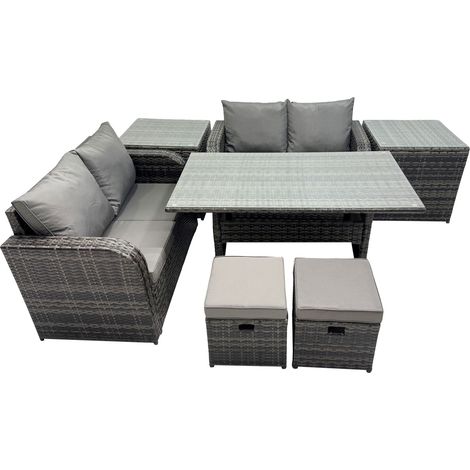 Fimous Wicker PE Rattan Garden Outdoor Furniture Set Love Sofa Dining Table Set with 2 Small Stools 2 Side Tables Dark Grey Mixed (1/5)
