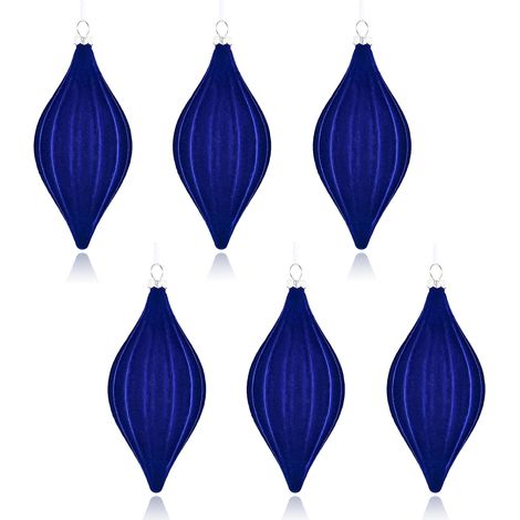 Lot de 6 boules de Noël bleues coniques en plastique floqué, décorations à suspendre pour sapin de Noël. (1/2)