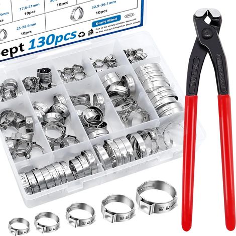130-Piece Assortment Kit of 12 Sizes, 304 Stainless Steel Single Ear Hose Clamps with 6-36.1mm Ear Clips, Crimp Hose Clamps for Automotive/Household Appliance/Hose/Pipe (1/5)