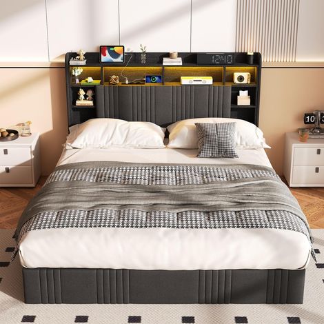 Cama con arcón 140x200, cama de adulto de lino con almacenamiento hidráulico, cabecero con LED y USB, somier de láminas - Gris (1/5)