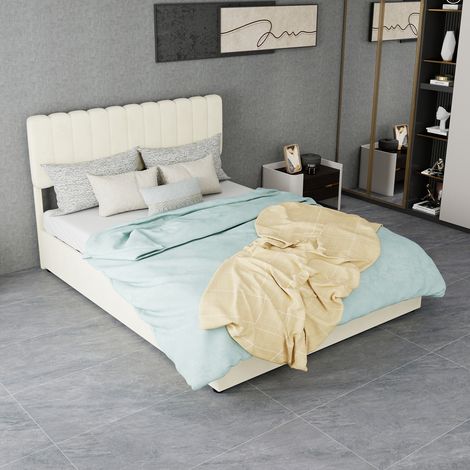 Cama tapizada beige 140x200 cm en tejido y metal, cabecero cómodo, estilo moderno
