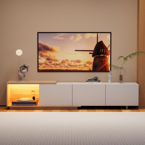 Meuble TV extensible / rétractable, 163-240x38x44 cm, MDF, Meuble télé design avec éclairage LED, Meuble média intelligent avec 3 tiroirs, Console pour TV moderne, Blanc (1/5)