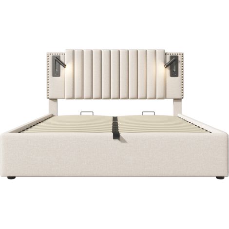 Letto matrimoniale imbottito 160x200 beige con contenitore, luce da lettura e porte USB-C (1/5)