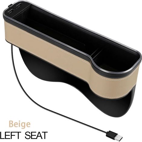 (Beige gauche 1 pièce) Organisateur d'espace entre les sièges de voiture : boîte de rangement multifonctionnelle avec double chargeur USB QC3.0, lumière LED et porte-gobelet. (1/5)