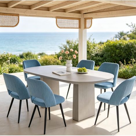 Lot de 6 chaises de salle à manger en tissu bleu et métal noir, dossier ergonomique - CHICFURN (1/5)