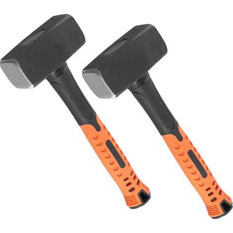 Lot de 2 masse 1500 g, massette 1.5kg Avec manche en fibre de verre, maillet caoutchouc 26,5 cm de long massette pour fendre bois, Orange (1/5)