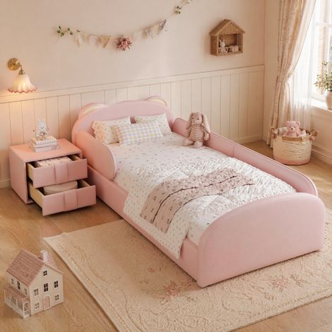 Cama infantil 90 x 200 cm en PU rosa con cabecero de oso, mesita y cajón HAVRYA (1/5)