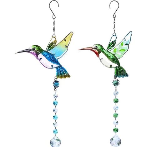 Ensemble colibri et boule de cristal, attrape-soleil, décoration extérieure pour maison, jardin, bureau ou fête (vert + bleu) (1/5)
