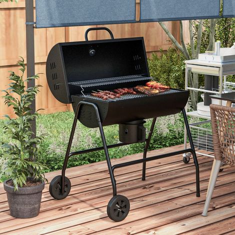 Holzkohlegrill-Smoker mit Deckel, Thermometer, Warmhalterost, Rädern, schwarz OKMYHOME (1/5)