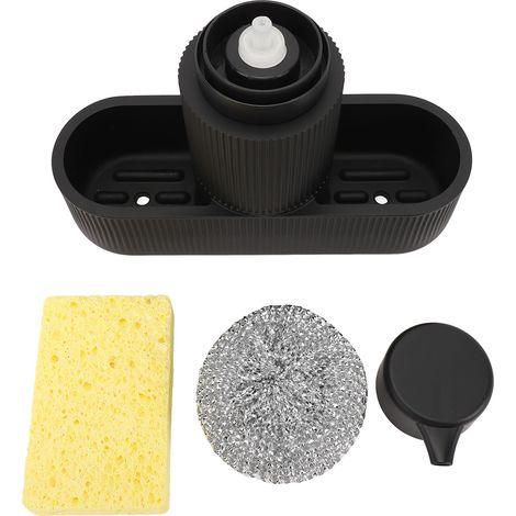 Distributeur de liquide vaisselle multifonction, facile à nettoyer, porte-éponge et boules à récurer en résine, ensemble de boules à récurer pour la cuisine, noir (1/5)
