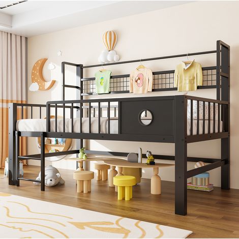 Kinder-Hochbett 90x200 cm schwarz aus Metall mit Sicherheitsgittern, Stauraum und Kleiderstange (1/5)