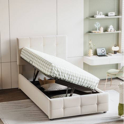 lit coffre 90x200 enfant avec rangement velours beige HAVRYA (1/5)