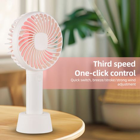 Ventilateur portable rechargeable USB 1200 mAh, mini ventilateur de poche à 3 vitesses, idéal pour la maison, le bureau, le camping, les voyages et le sport. Base amovible, blanc.
