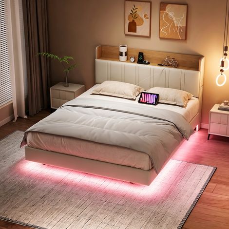 JOOKGBD-Letto matrimoniale 140x200 cm in PU beige, effetto flottante, LED RGB, vani portaoggetti nascosti e ricarica USB, letto moderno per adulti e adolescenti (1/5)