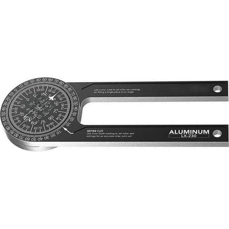 Transportador de ángulos horizontal de aluminio de 360° para sierra ingletadora, con escalas grabadas con precisión para un posicionamiento óptimo al cortar madera.