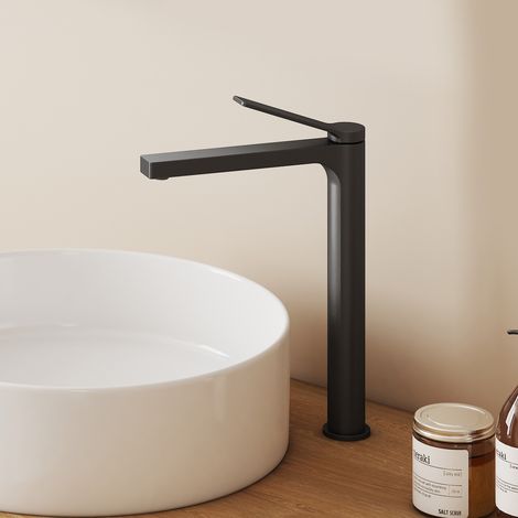EMKE Waschtischarmatur Hoch Mattschwarz 335 × 233 × 46 mm, Einhebelmischer aus Messing für Aufsatzwaschbecken (1/5)