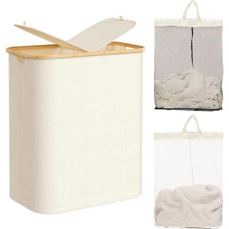 Cesto plegable para ropa sucia, 140 l, 2 compartimentos, con asas de bambú, con bolsas de tela Oxford extraíbles para lavandería, dormitorio y baño (blanco roto)