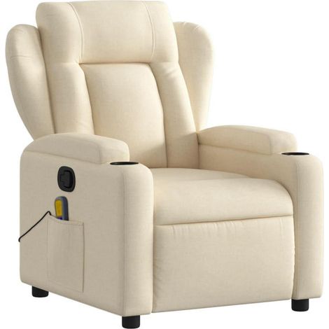 Fauteuil relax massant manuel tissu crème avec porte-gobelets et poche latérale (1/5)