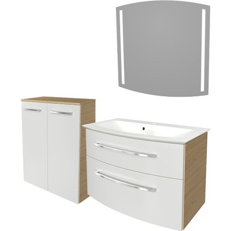 Fackelmann B.STYLE Badmöbel Set mit Waschbecken mit Unterschrank 80 cm breit – LED-Spiegel – Doppel-Midischrank in Weiß mit Holz braun – Badezimmermöbel in Sandeiche Holzoptik"-"90190145 (1/5)