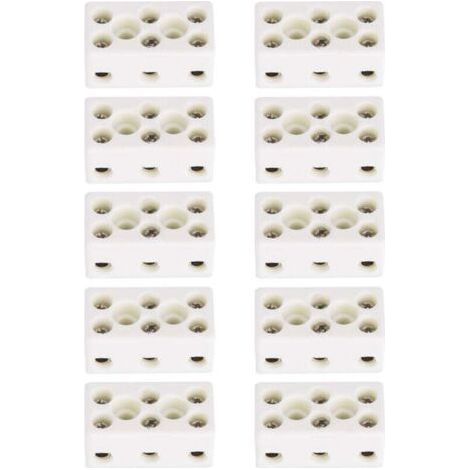 Lot de 10 borniers en céramique à 3 voies pour câble électrique, connecteurs en céramique porcelaine haute température 24 A, 3 positions 8 trous 33.53x17.85x15.50mm (1/4)