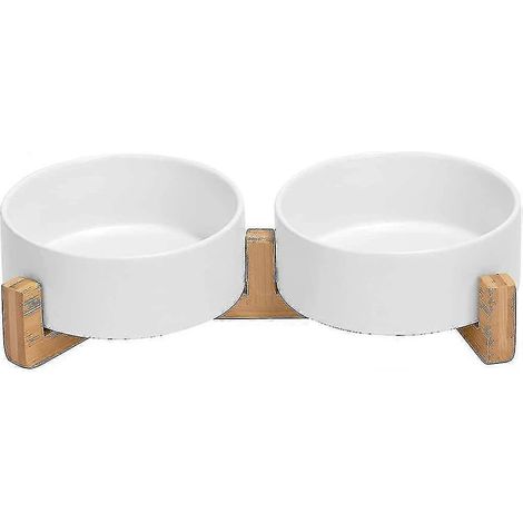 Gamelle double en céramique pour chien, support en bambou, pour chat et chien uniquement (850 ml, grise) (1/5)
