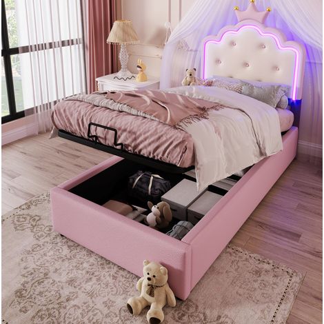 Letto contenitore bambino 90x200 cm con testiera a corona, illuminazione LED con telecomando e rete a doghe, senza materasso, rosa (1/5)