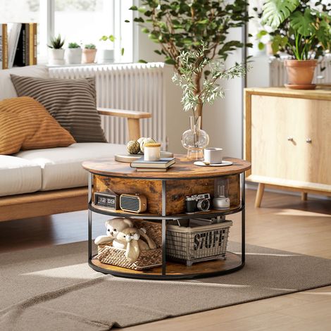 Table basse ronde avec plateau relevable, espace de rangement, étagères latérales, structure en acier, marron (1/5)