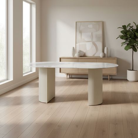 Table à manger ANNA plateau en céramique marbré blanc L 180 cm