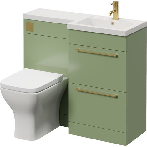 Napoli 390 Olive Green 1000mm 2 Drawer Vanity Unit Toilet Suite with Right Hand Square Lucia Basin - 1000mm - Brushed Brass 320mm HandleWith Kingston Toilet Pan and Seat