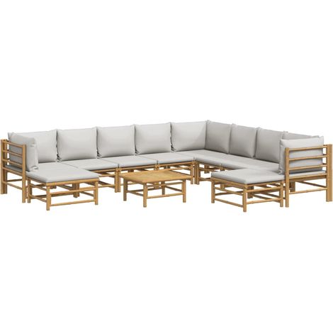 vidaXL Salon de jardin 11 pcs avec coussins gris clair bambou