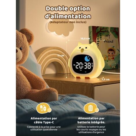 Sveglia educativa giorno/notte per bambini, 2 sveglie, 3 intervalli, timer 12/24h, luminosità regolabile, illuminazione a 7 colori, 10 melodie, forma gufo (1/4)