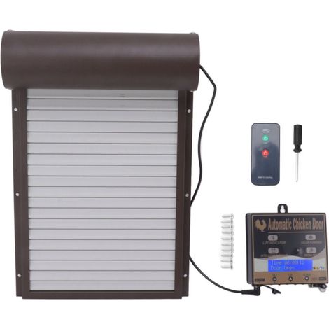 Automatic chicken coop door, programmable aluminum chicken coop door with timer, light sensor, and 3-mode remote control. Brown.