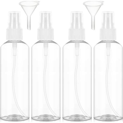 4 flacons spray vides 100 ml – plastique transparent réutilisable avec 2 entonnoirs pour lotion, parfum, shampoing