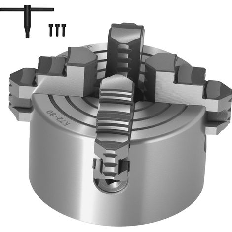 Mandrin à 4 mors indépendants, 80 mm, serrage 5-80 mm, avec clé, mors réversibles, fonte HT300, pour tour à bois et métal. (1/5)