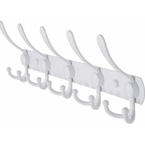 (White) Wall Mounted Coat Rack - 5 Assorted Hooks, Heavy Duty Stainless Steel Metal Coat Hook for Clothes, Towels, Purses, Robes, Bathroom Entryway
