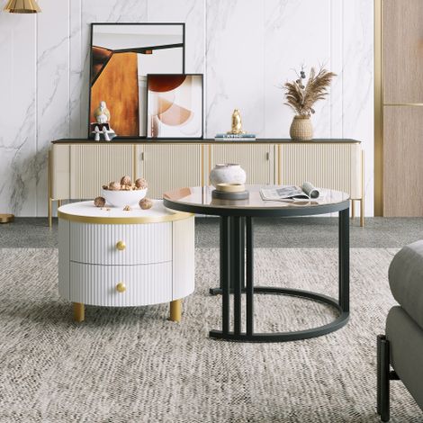 Table basse ronde, ensemble de 2 tables basses, tables d'appoint, avec 1 plateau en imitation marbre et 1 en verre trempé marron, 2 tiroirs, 70 x 70 x 45 + 50 x 50 x 40cm, Blanc, KINSI (1/5)