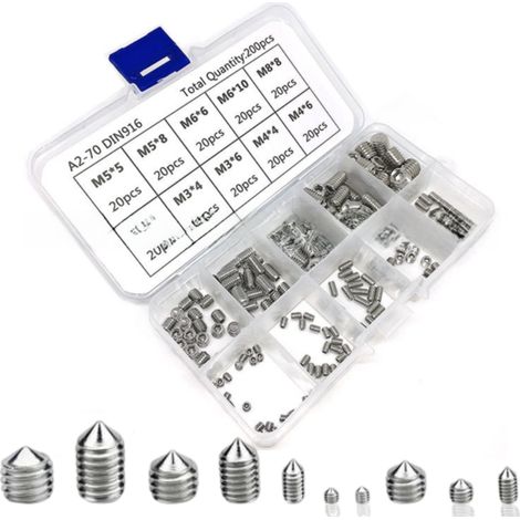 200 Pièces Vis Sans Tête Hexagonale Compatible M3 M4 M5 M6 M8 Tête Conique Acier Inoxydable 304 Kits Vis à Six Pans Creux
