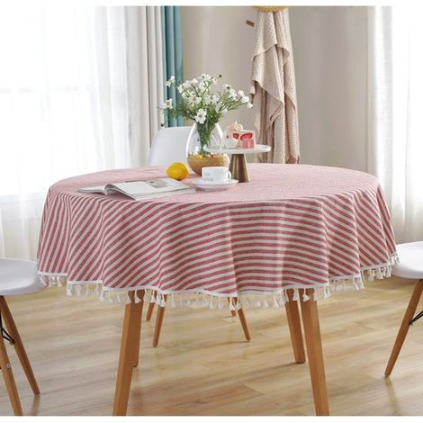 Nappe ronde en mélange coton-lin avec pompons  résistante aux taches et lavable  texture effet lin  convient pour les salles à manger, les fêtes, un usage domestique, le jardin, etc.  diamètre de 150  (1/5)