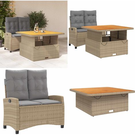 Set comedor de jardín 2 pzas con cojines ratán sintético beige - Banco de jardín - Mesa de jardín