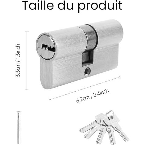 Cylindre de serrure de porte 30/30 - Cylindre profilé avec clés - Cylindre de serrure avec bouton pour serrure de porte d'entrée ou porte intérieure - 6 x 1,5 x 3 cm (1/4)