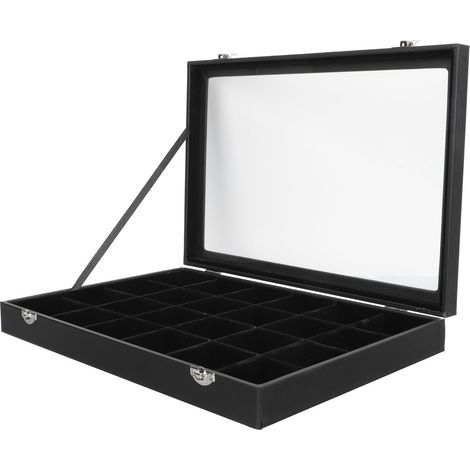Schmuckaufbewahrungsbox mit Deckel Transparent 24 Fächer Schmuckkasten aus Schwarzem Pu Leder Organizer für Ringe Ohrringe und Halsketten Aufbewahrung für Zuhause und Reise (1/5)