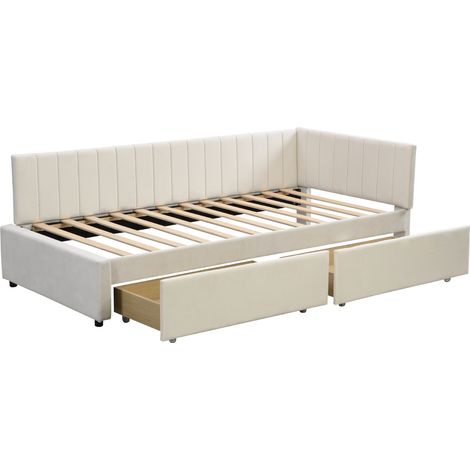 Letto imbottito 90 x 200 cm con 2 cassetti contenitori e rete a doghe beige (1/5)