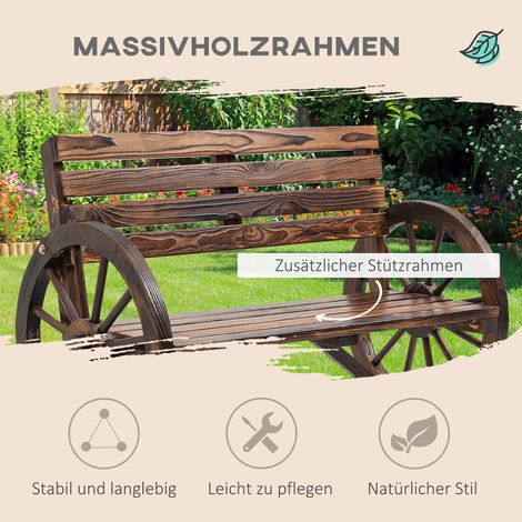 Banc de jardin 2 places en bois naturel, motif roue de charrette, teinte marron foncé, dimensions 105,5 x 56 x 79 cm (1/4)