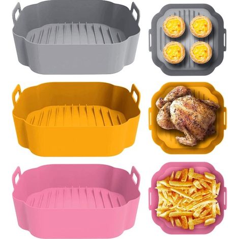 Moules à pâtisserie en silicone pour friteuses à air, ensemble de 3 pièces, 20 cm, réutilisables, moules à pâtisserie carrés en silicone épais pour friteuses à air (rose + gris + jaune gingembre).