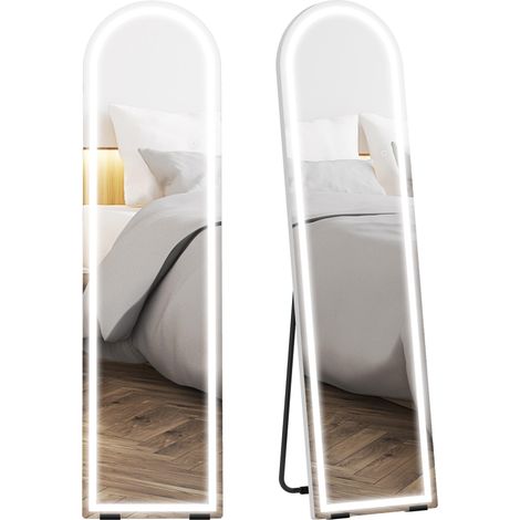 Miroir pleine longueur avec éclairage LED, 150 x 40 cm, incurvé, à intensité variable, 3 couleurs de lumière, sur pied ou mural, blanc