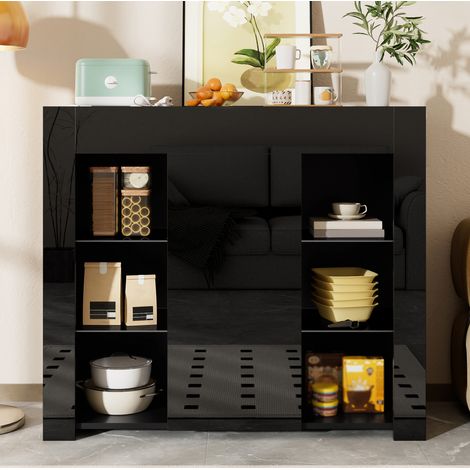 Aparador de aglomerado negro 95 x 35 x 83 cm con frontal brillo, puerta y estantes de vidrio (1/5)